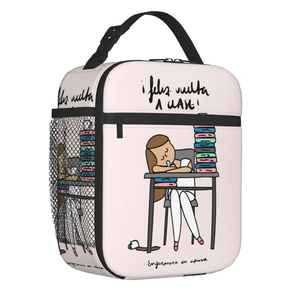 Custom cartoon-printed lunch bag featuring ladies, nurses, and doctors. Thermal insulated, reusable, and multifunctional, perfect for kids' food bento boxes.