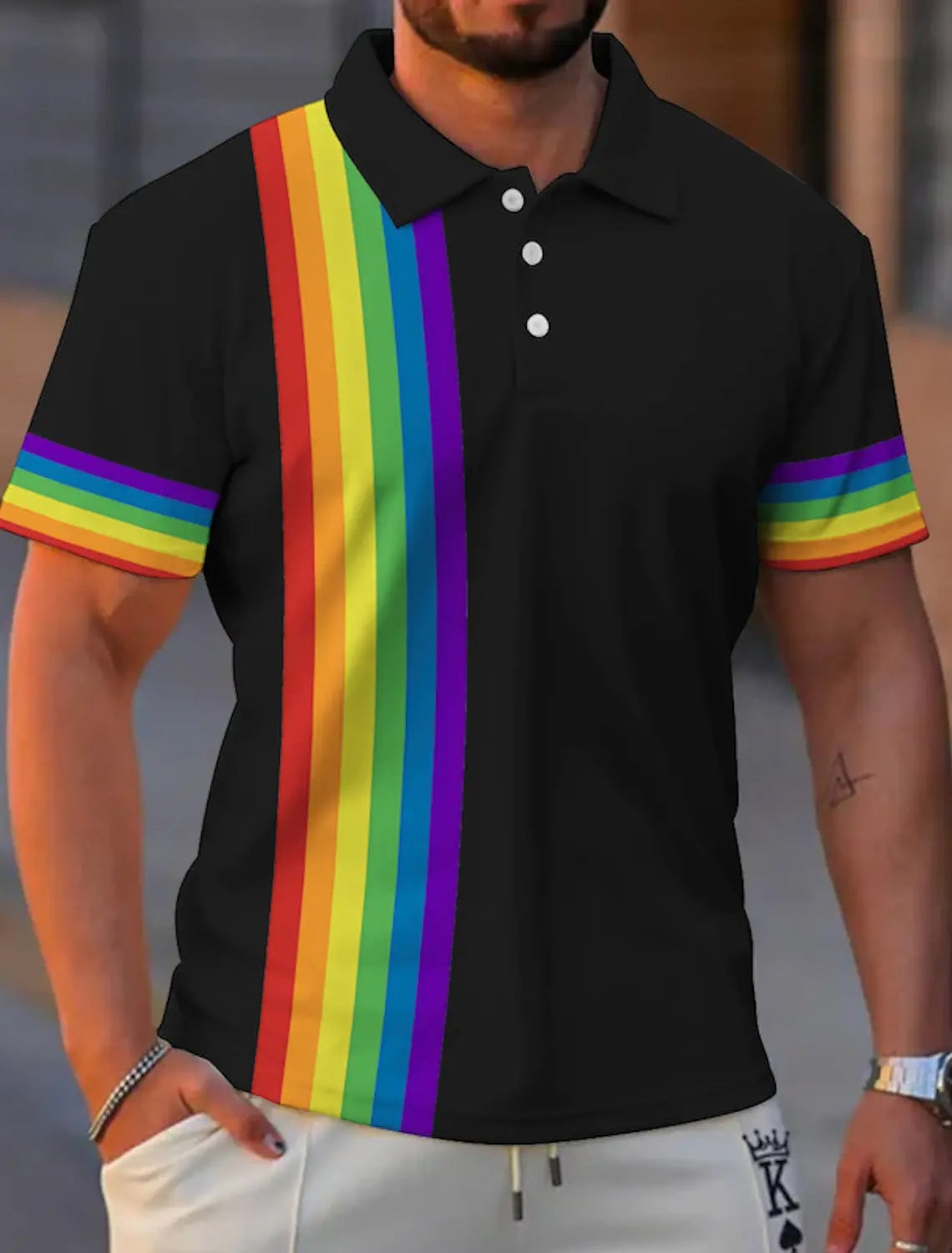 Men’s Rainbow Graphic Polo – Button‑Up Short Sleeve Shirt