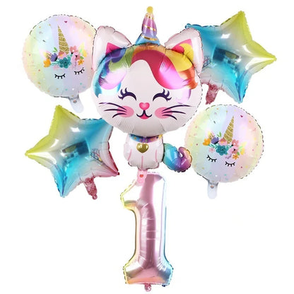 Rainbow Unicorn Cat Gradient Balloon Set (6pcs) – Birthday Party Decorations