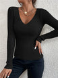 Women Solid Rib Knit V Neck Top