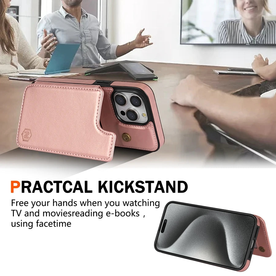 Magnetic Wallet Case for iPhone – Solid‑Color Leather Cover with Double Buckle, RFID‑Blocking Card Holder (iPhone 15/14/13/12/11, XR, XS, SE2, 8, 7)