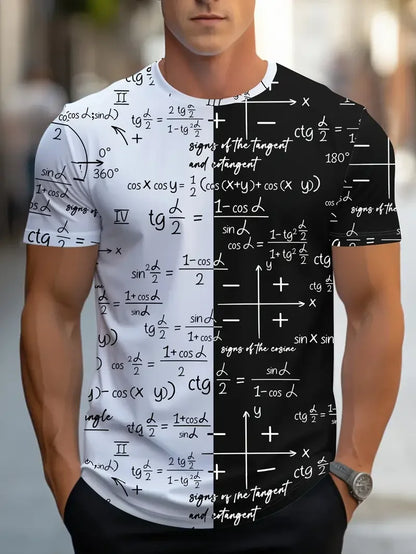 2025 Men's T-shirt Mathematical Element Pattern Tees Summer Men's Creative Color Block Short Sleeve Black T-shirt Outdoor Tops