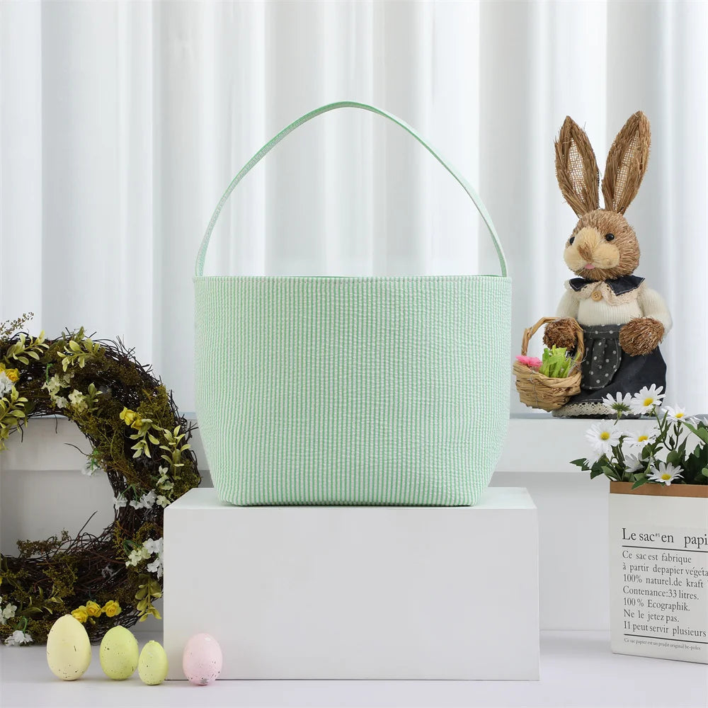 Seersucker Easter Basket Halloween Stripped Bucket Kids Boys Girls Egg Hunt Carrying Gift Tote Bag Toys Party Decoration