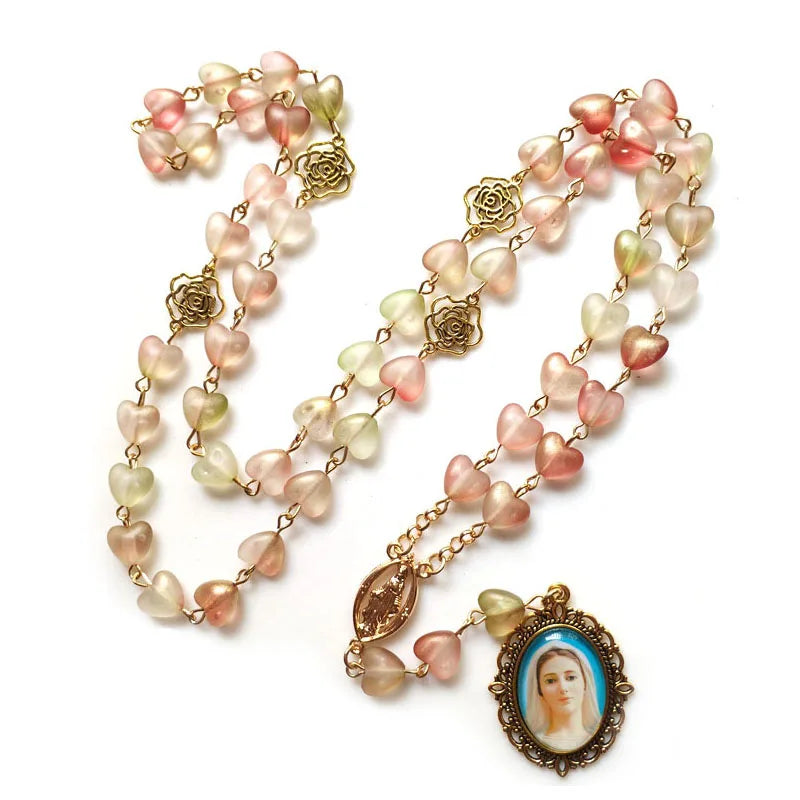 QIGO Acrylic Heart Rosary Long Glass Sacred of Mary Pendant Necklace For Women Religious Jewelry