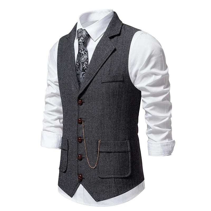 Men's Retro Lapel Chain Pockets Suit Vest British Casual V