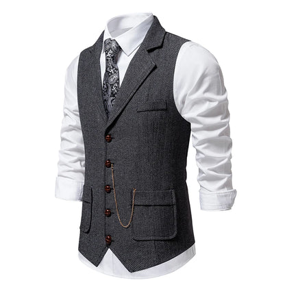 Men's Retro Lapel Chain Pockets Suit Vest British Casual V