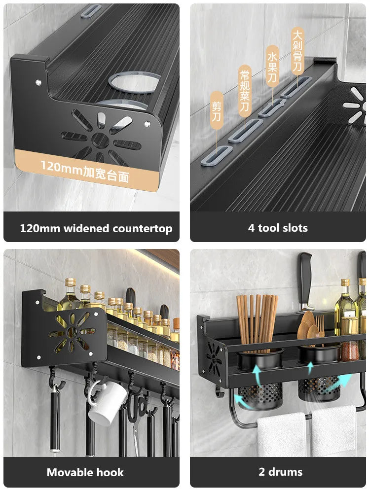 Kitchen Organizer Shelf Wall-mounted Spice Storage Rack  Knife, Seasoning, Utensil Storage Holder