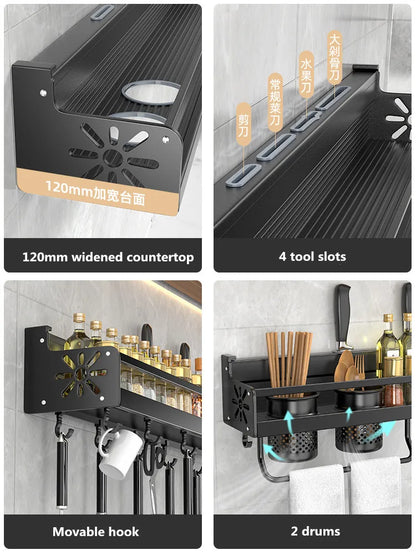 Kitchen Organizer Shelf Wall-mounted Spice Storage Rack  Knife, Seasoning, Utensil Storage Holder