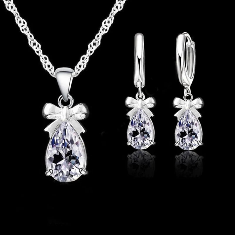 925 Sterling Silver Color with White Stone Cubic Zirconia Dangle Earring Pendant Necklace Woman Jewelry Set