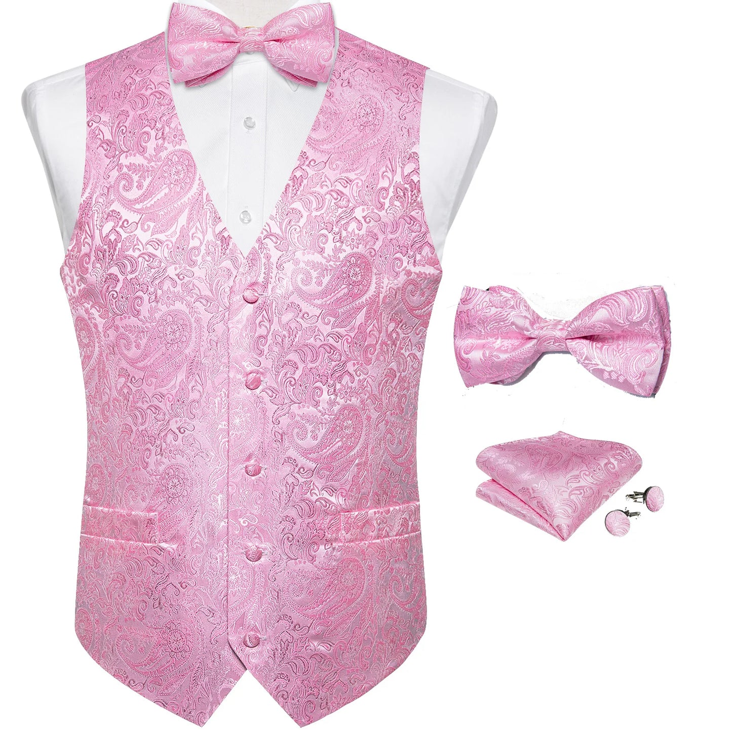 Suit Vest With Bow Tie Pocket Square Cufflinks Tuxedo Waistcoat for Men