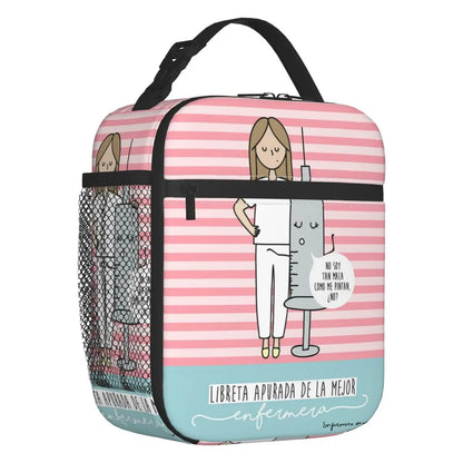 Custom cartoon-printed lunch bag featuring ladies, nurses, and doctors. Thermal insulated, reusable, and multifunctional, perfect for kids' food bento boxes.