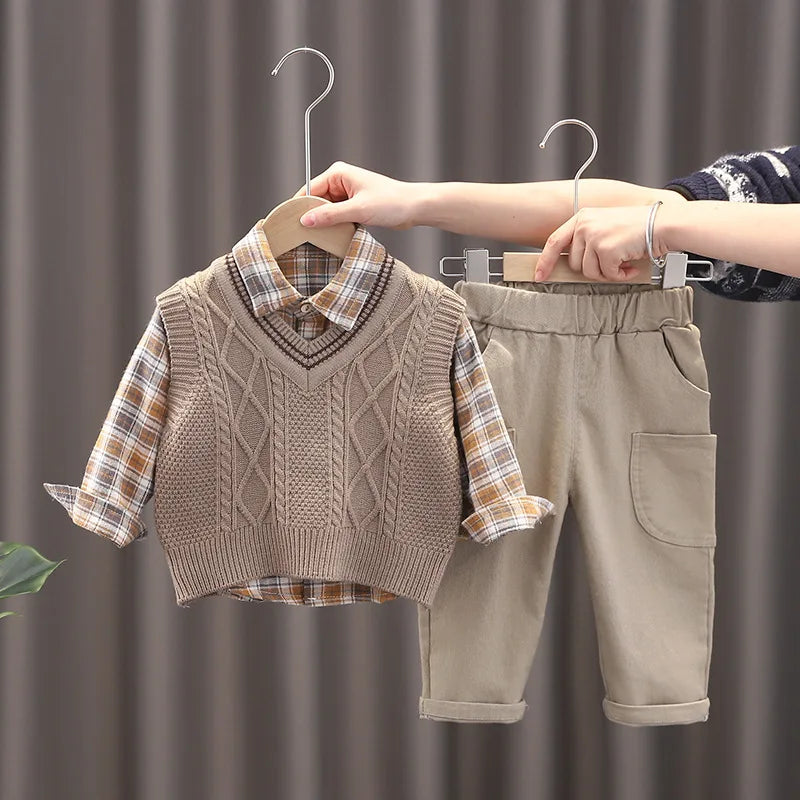 Baby Boys Clothes Suit Casual Plaid Shirt Vest Pants 3Pcs/Sets Toddler Cotton
