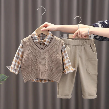 Baby Boys Clothes Suit Casual Plaid Shirt Vest Pants 3Pcs/Sets Toddler Cotton