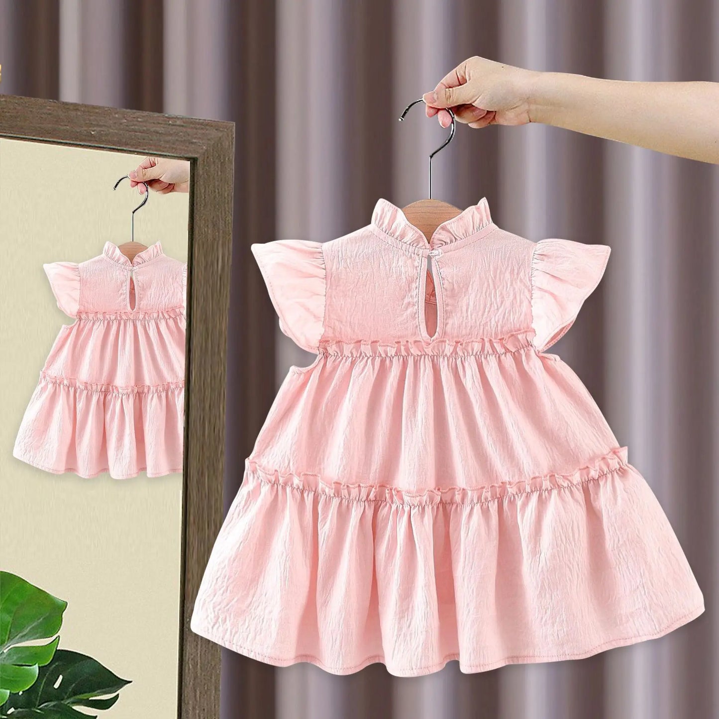 Baby Girl Dress In Summer, Cute Solid Color With Small Flying Sleeves, Sweet Tulip Children'S Princess Dress