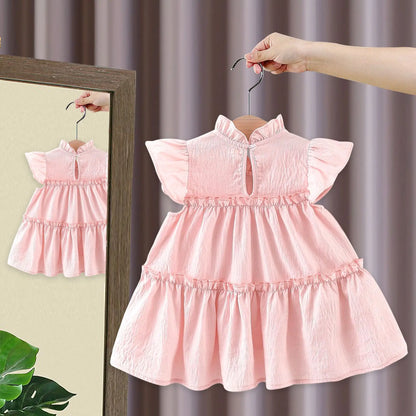 Baby Girl Dress In Summer, Cute Solid Color With Small Flying Sleeves, Sweet Tulip Children'S Princess Dress