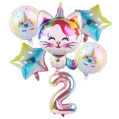 Rainbow Unicorn Cat Gradient Balloon Set (6pcs) – Birthday Party Decorations