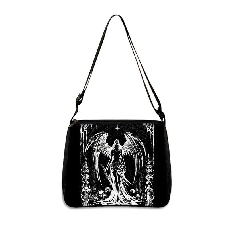 Gothic Black Angel Pattern Women Shoulder Bag Demon Punk Handbags for Travel Key Purse Phone Holder Messenger Bag Crossbody Bag