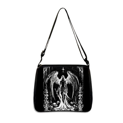 Gothic Black Angel Pattern Women Shoulder Bag Demon Punk Handbags for Travel Key Purse Phone Holder Messenger Bag Crossbody Bag