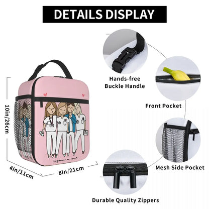 Custom cartoon-printed lunch bag featuring ladies, nurses, and doctors. Thermal insulated, reusable, and multifunctional, perfect for kids' food bento boxes.