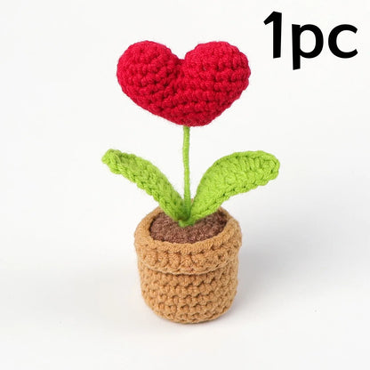 1/2/3/5Pcs Handmade Knitted Flower Pot Red Heart Shaped Knit Imitation Potted Plant for Mother‘s Day Girls Gifts Home Desktop De