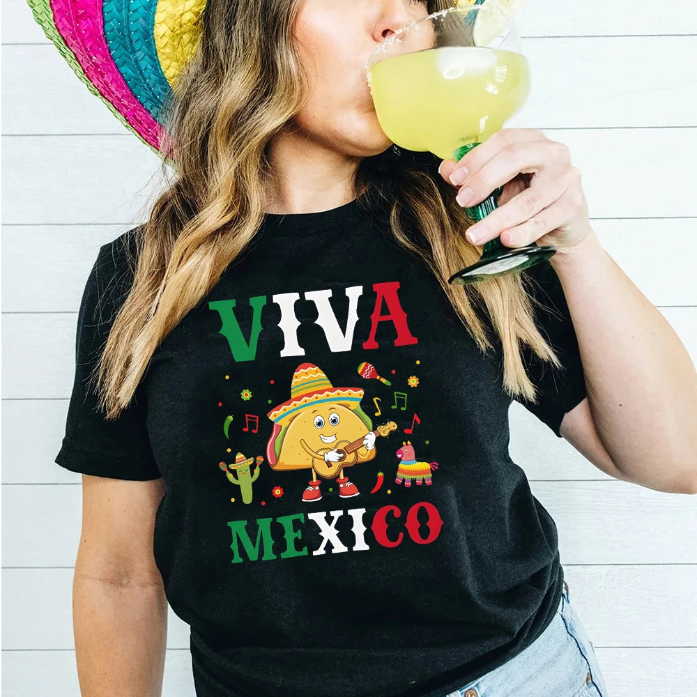 Viva Mexico Print Crew Neck T-shirt Summer Short Sleeve Casual Top Women's Mexican Flag Pattern T-shirt Clothes