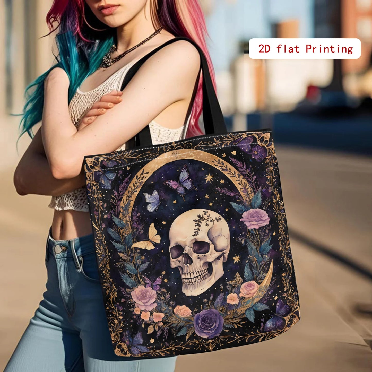 Women’s Gothic Skull Floral Tote – Large Capacity Open‑Top Purse (Purple / Black / Gold)