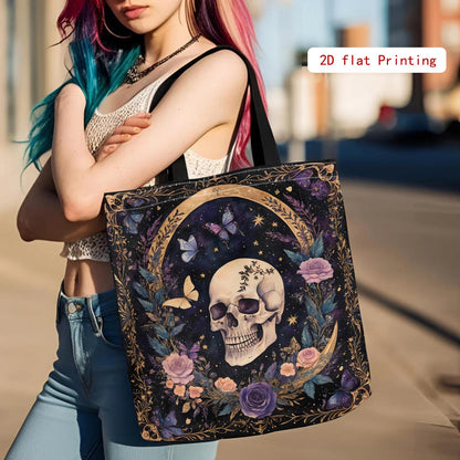Women’s Gothic Skull Floral Tote – Large Capacity Open‑Top Purse (Purple / Black / Gold)