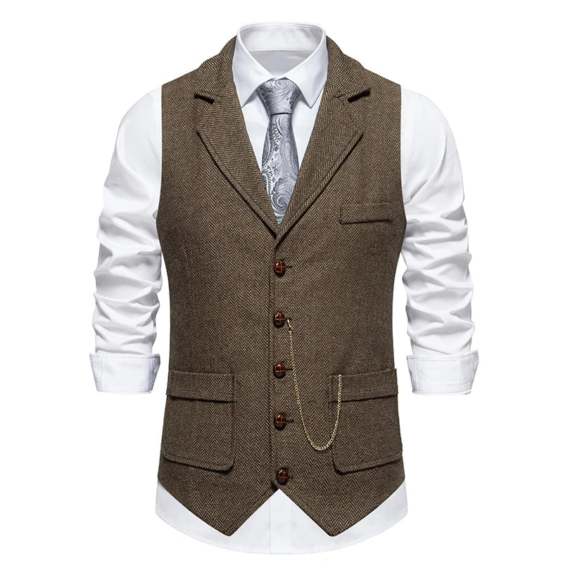 Men's Retro Lapel Chain Pockets Suit Vest British Casual V