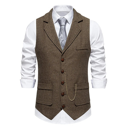 Men's Retro Lapel Chain Pockets Suit Vest British Casual V