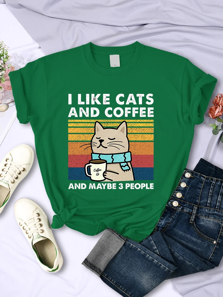Women's I Like Cats And Coffee Printed T Shirt   Casual Short Sleeve Breathable