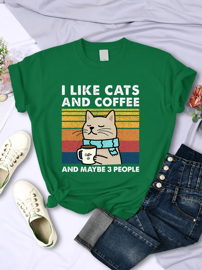 Women's I Like Cats And Coffee Printed T Shirt   Casual Short Sleeve Breathable