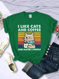 Women's I Like Cats And Coffee Printed T Shirt   Casual Short Sleeve Breathable