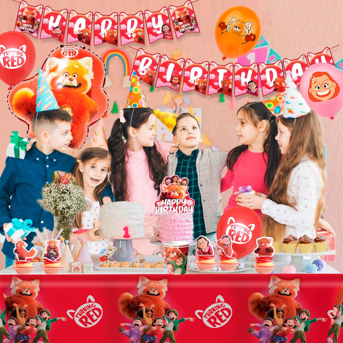 Turning Red Party Supplies – 113‑Piece Decoration Set (Plates, Tablecloth, Balloons & More)