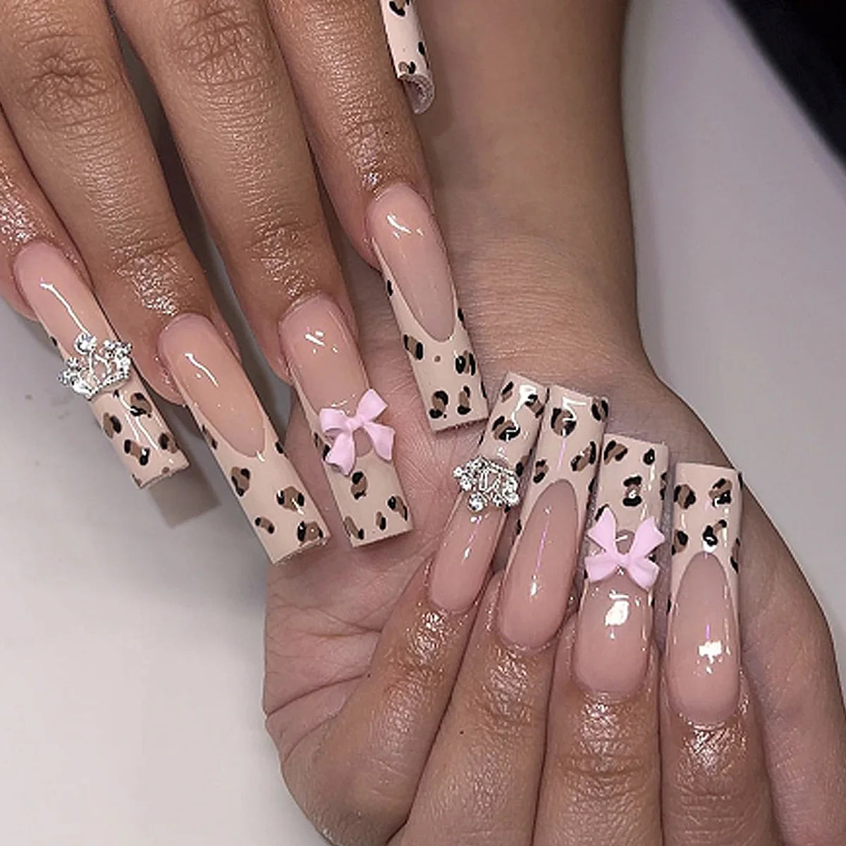 24Pcs Gold French Border False Long Coffin Press on Nails with Rhinestones Ballerina Full Cover