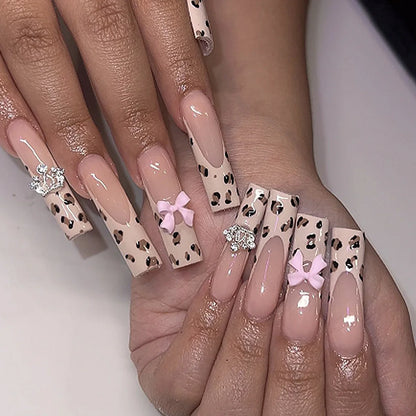 24Pcs Gold French Border False Long Coffin Press on Nails with Rhinestones Ballerina Full Cover