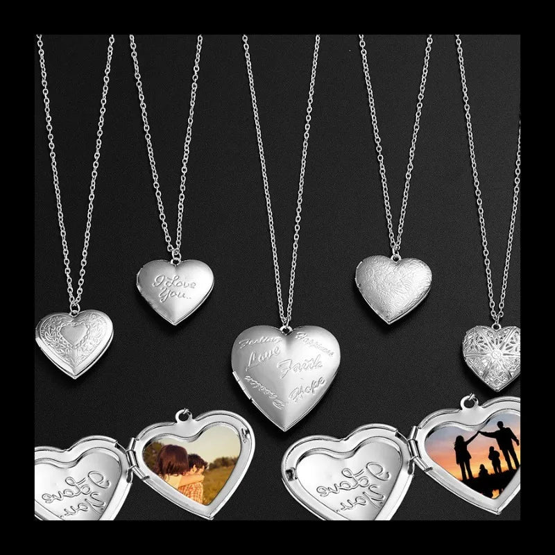 Factory Direct Sales Engraved Love Peach Heart Can Be Opened Photo Frame Photo Box Photo Pendant Necklace Women's Silver Plated