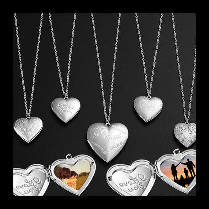 Factory Direct Sales Engraved Love Peach Heart Can Be Opened Photo Frame Photo Box Photo Pendant Necklace Women's Silver Plated