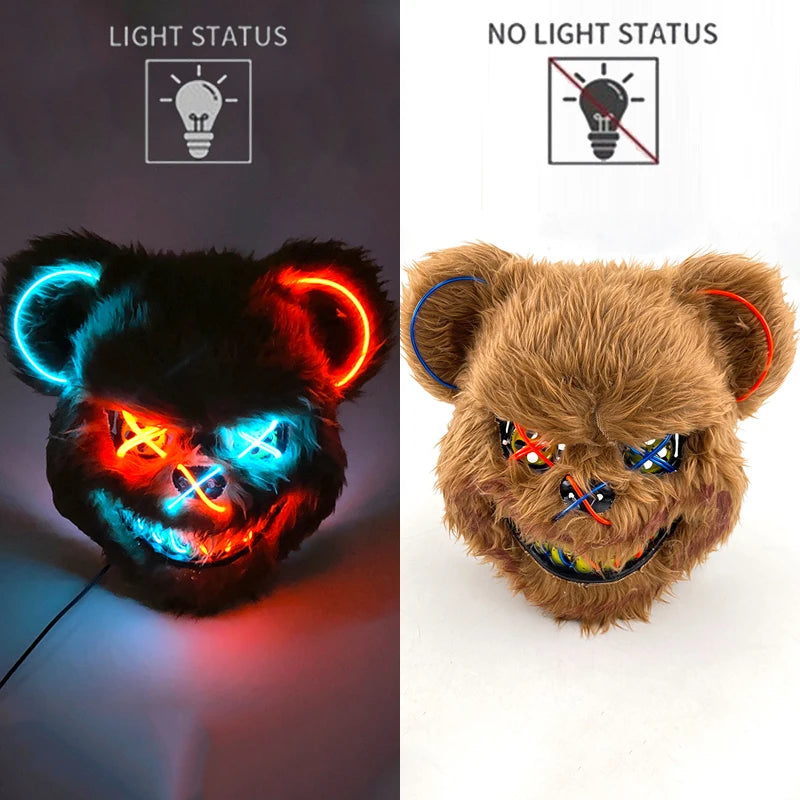 LED Glowing Cosplay Bloody Rabbit Mask Halloween Scary Killer Bloody Bunny Bear Headgear Carnival Masquerade Horror Costume Prop