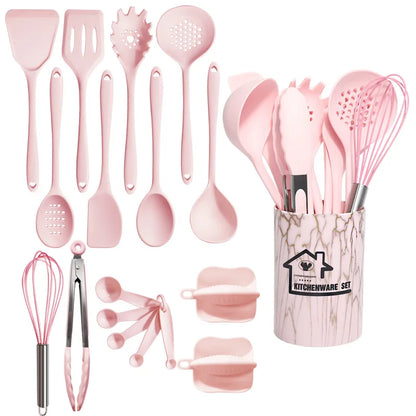 Pink 18Pcs Food Grade Silicone Kitchen Cookware Utensils Set