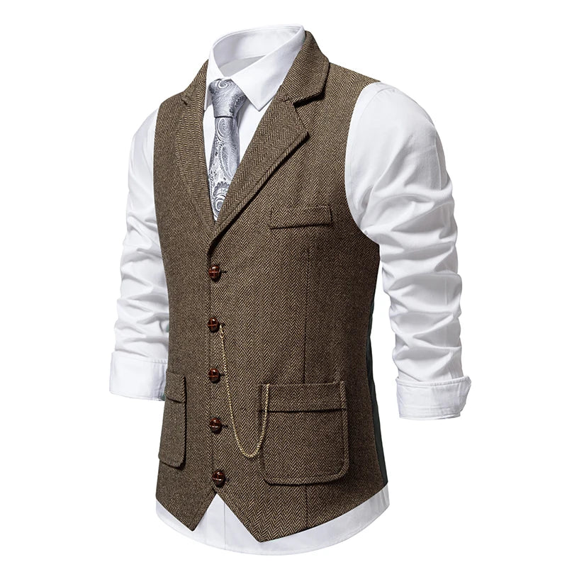 Men's Retro Lapel Chain Pockets Suit Vest British Casual V