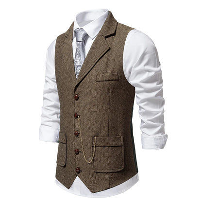 Men's Retro Lapel Chain Pockets Suit Vest British Casual V