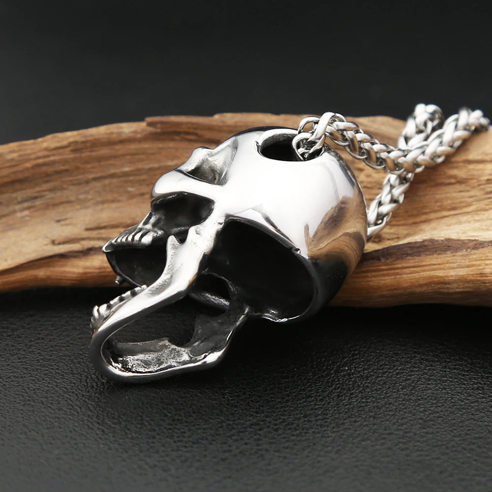 Gothic Vintage Stainless Steel Skull Pendant Necklace For Men Women Punk Skull Bottle Opener Necklace Biker Jewelry Accessories
