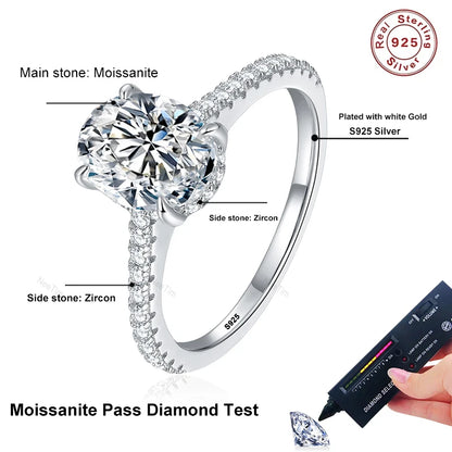 Oval Cut Moissanite Rings for Women 925 Sterling Silver Lab Diamond Wedding Engagement Ring Gemstone Band  1ct 2ct 3ct