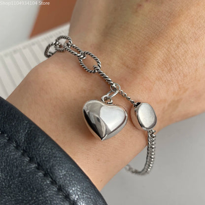 Solid 925 Sterling Silver Retro Bracelet for Women Men Vintage Handmade Heart Bracelet Birthday Gift