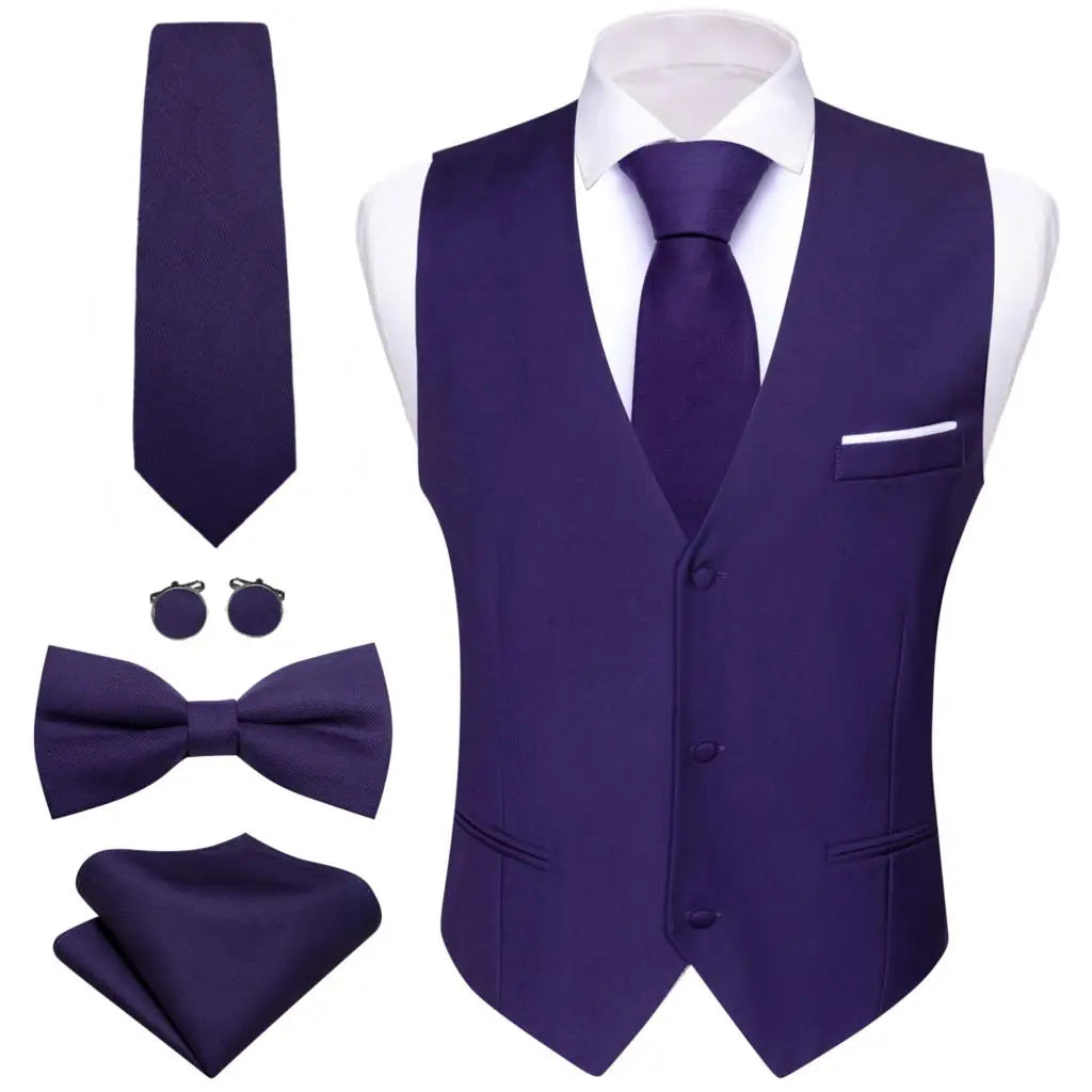Designer Men's Vest Solid Silk Satin Waistcoat Tie Bowtie Hanky Set