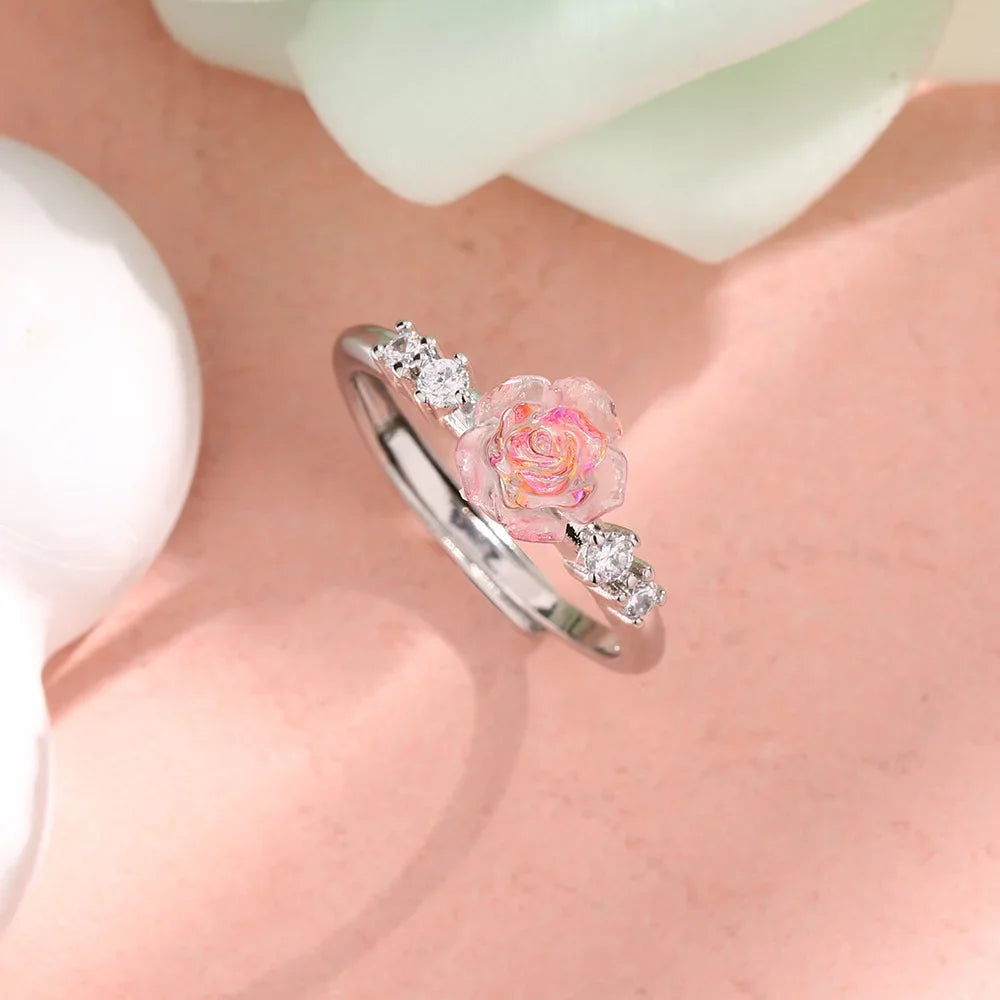 PONYKISS 925 Sterling Silver Pink Zircon Rose Flower Adjustable Rings for Women Cute Plant Fine Jewelry Minimalist Accessories