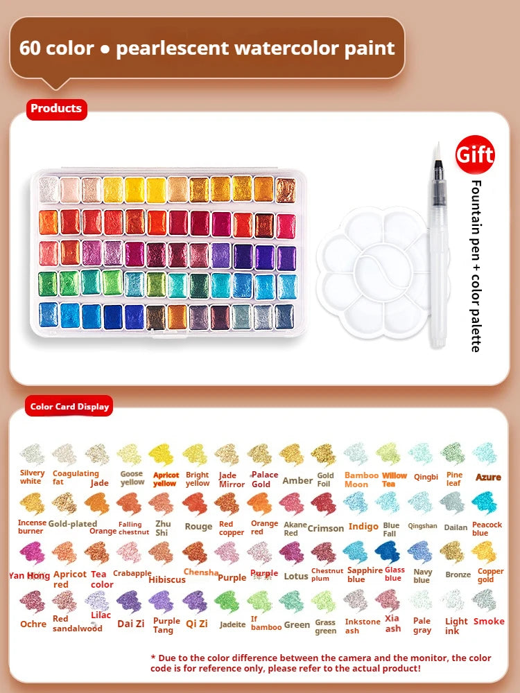 12/20/24/60 Color Solid Watercolor Paint Set -Metallic Glitter Pearlescent Pigments