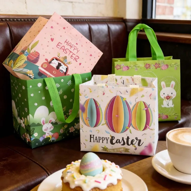 Easter Tote Gift Bags Creative Cartoon Rabbit Egg Basket Pattern Laminating Nonwoven Tote Bags Eco-Friendly Mall Shopping Bags