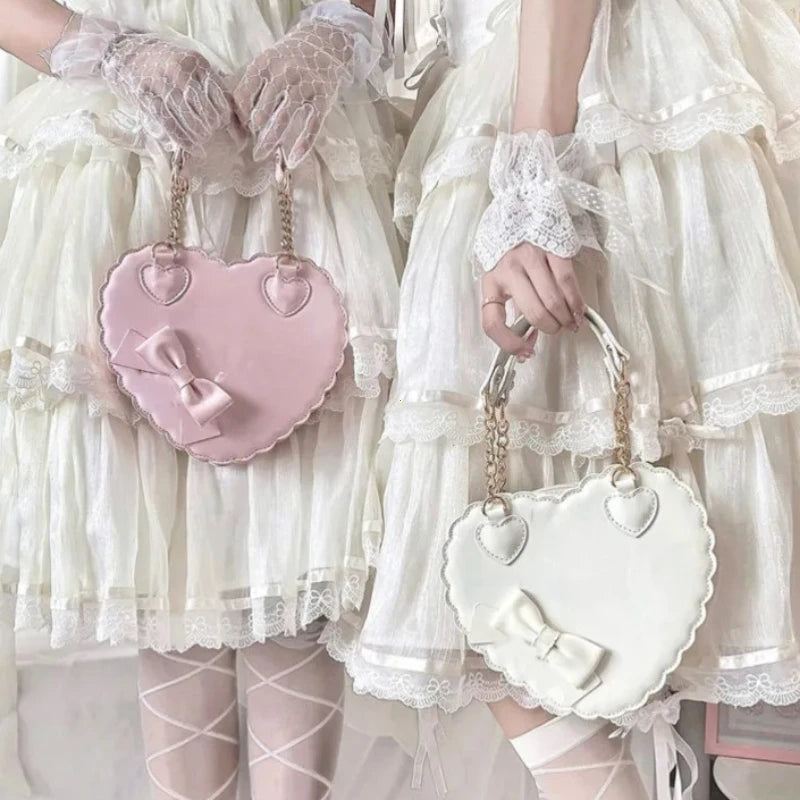 PU Heart Lolita Shoulder Bag – Bowknot Decor Japanese Shell Purse in Two Sizes, Cute Pink Messenger Bag
