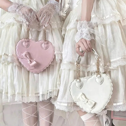 PU Heart Lolita Shoulder Bag – Bowknot Decor Japanese Shell Purse in Two Sizes, Cute Pink Messenger Bag